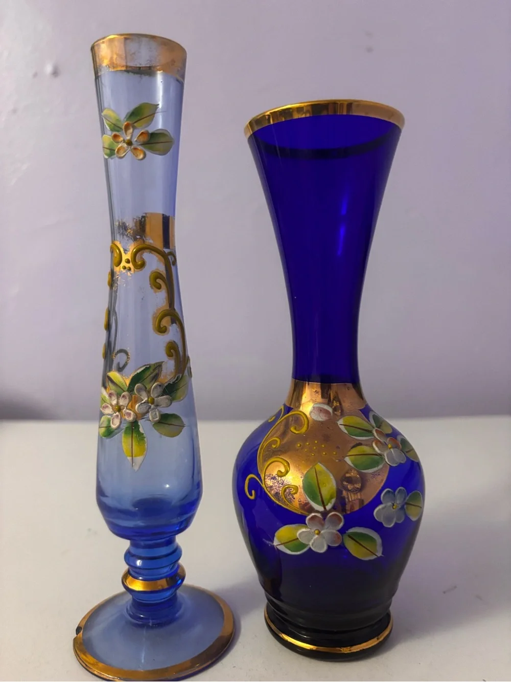 Cobalt Blue Hand-Painted Floral Glass Vase - Gold Trim